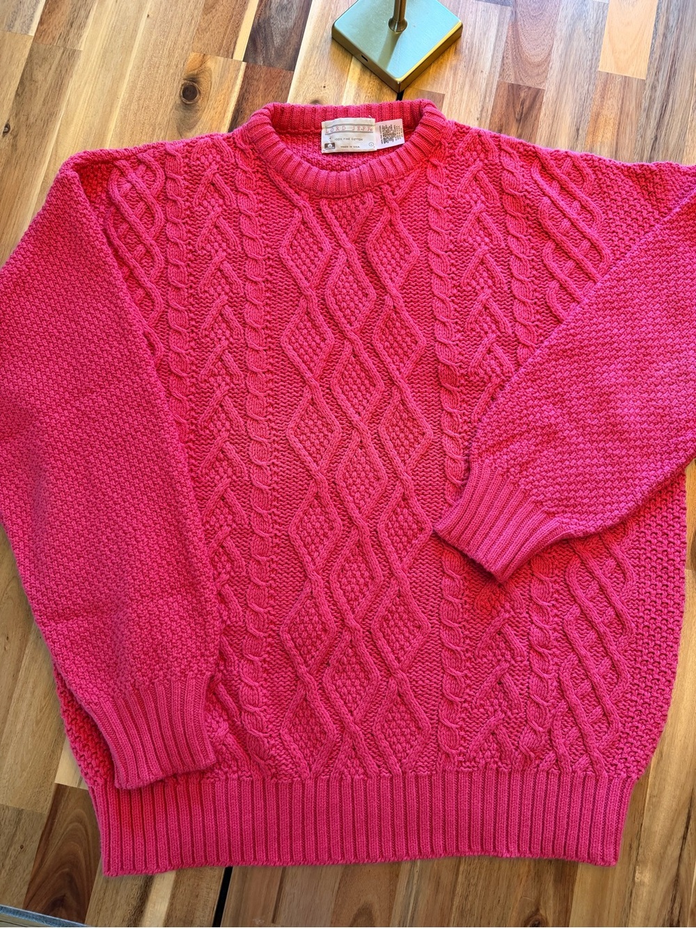 Vintage Lord Jeff Pink Cable Knit Cotton Sweater Made in USA Size L